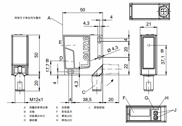 ODS9L2.8/LA6-450-M12 傳感器的尺寸圖